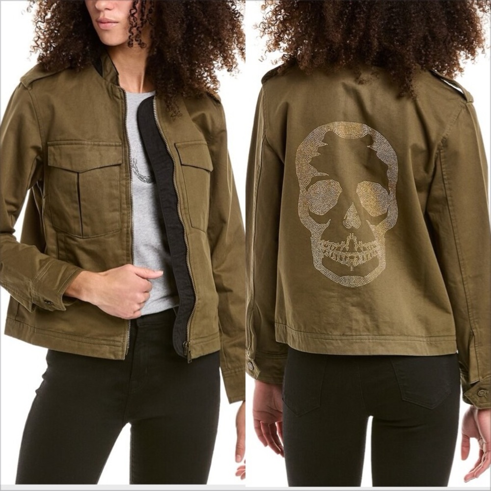 Zadig & Voltaire Army Green Gold Skull Embellished Military Jacket Size Large